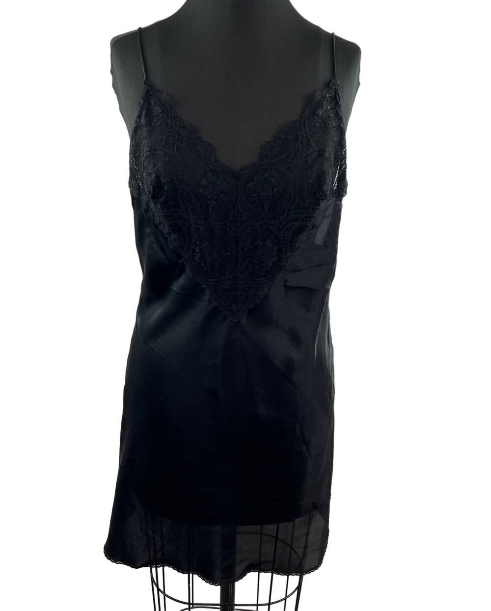 Vintage Val Mode Black Satin Lace V-Neck Lingerie Slip Dress Chemise USA VTG S